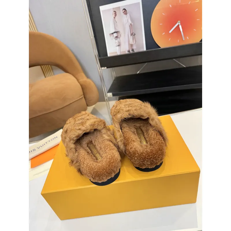 Louis Vuitton Cozy Fluffy Slippers with Leather Straps and Brand Embellishments #A54593