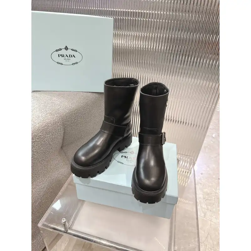 Prada Inspired Black Leather Biker Boots With Chunky Platform Sole #A54581