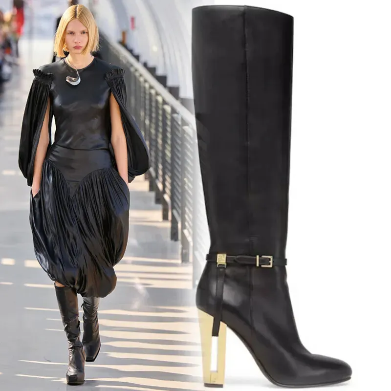Fendi Womens Knee   High Boots  Iconic FF Monogram with Gold Heel Detail for Luxury Fashion Lovers #A56297