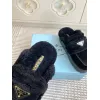 Prada Womens Shearling Lined Mule Slippers Triangle Logo Thick Sole Design for Cozy Luxury Winter Footwear #A57764