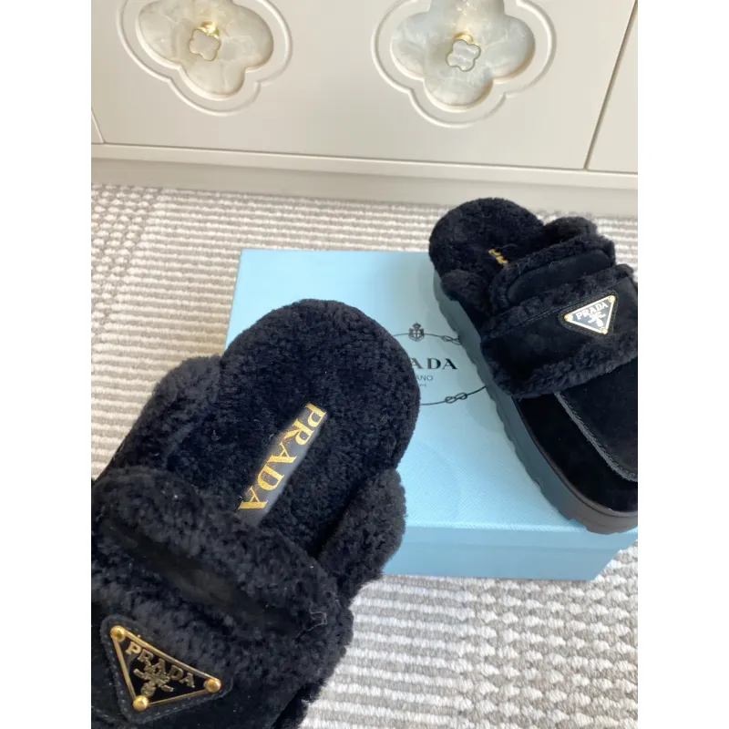 Prada Womens Shearling Lined Mule Slippers Triangle Logo Thick Sole Design for Cozy Luxury Winter Footwear #A57764