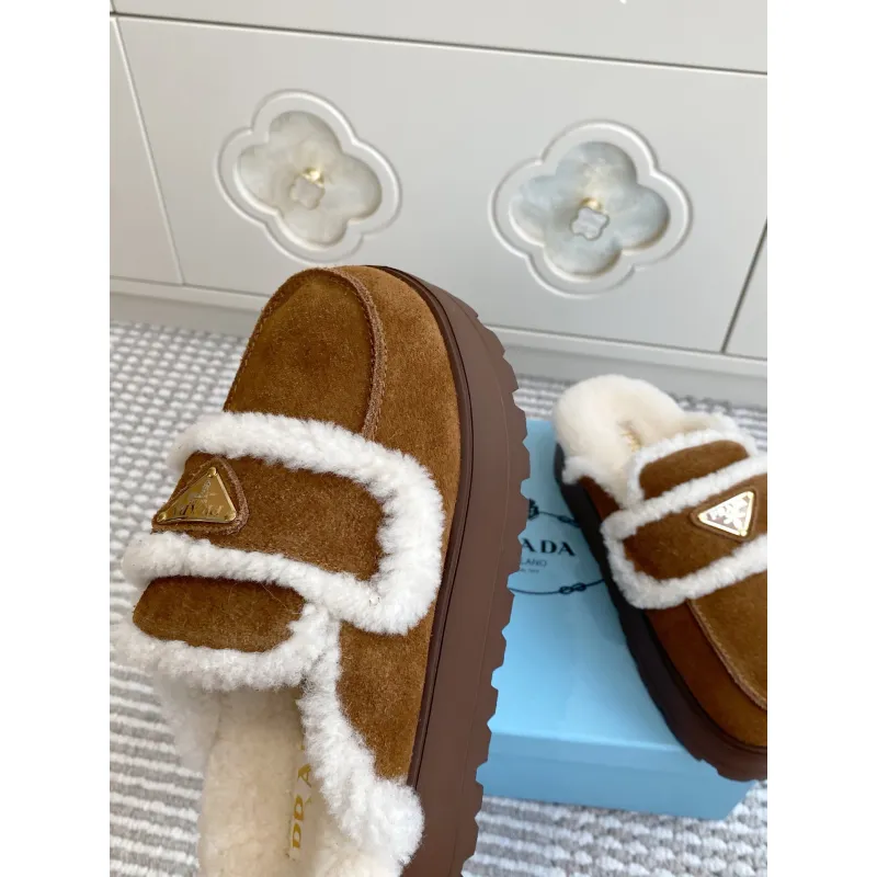 Prada Womens Shearling Lined Mule Slippers Triangle Logo Thick Sole Design for Cozy Luxury Winter Footwear #A57766