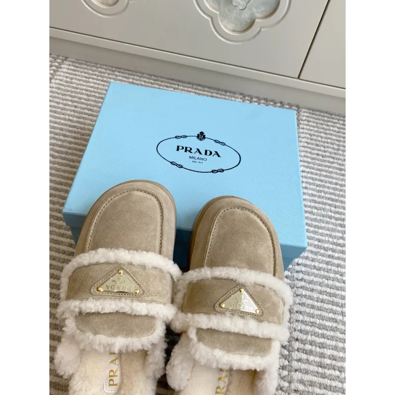 Prada Womens Shearling Lined Mule Slippers Triangle Logo Thick Sole Design for Cozy Luxury Winter Footwear #A57767