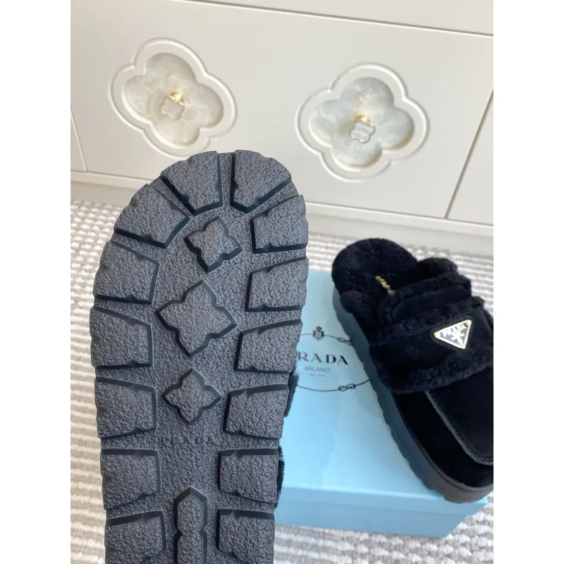 Prada Womens Shearling Lined Mule Slippers Triangle Logo Thick Sole Design for Cozy Luxury Winter Footwear #A57764