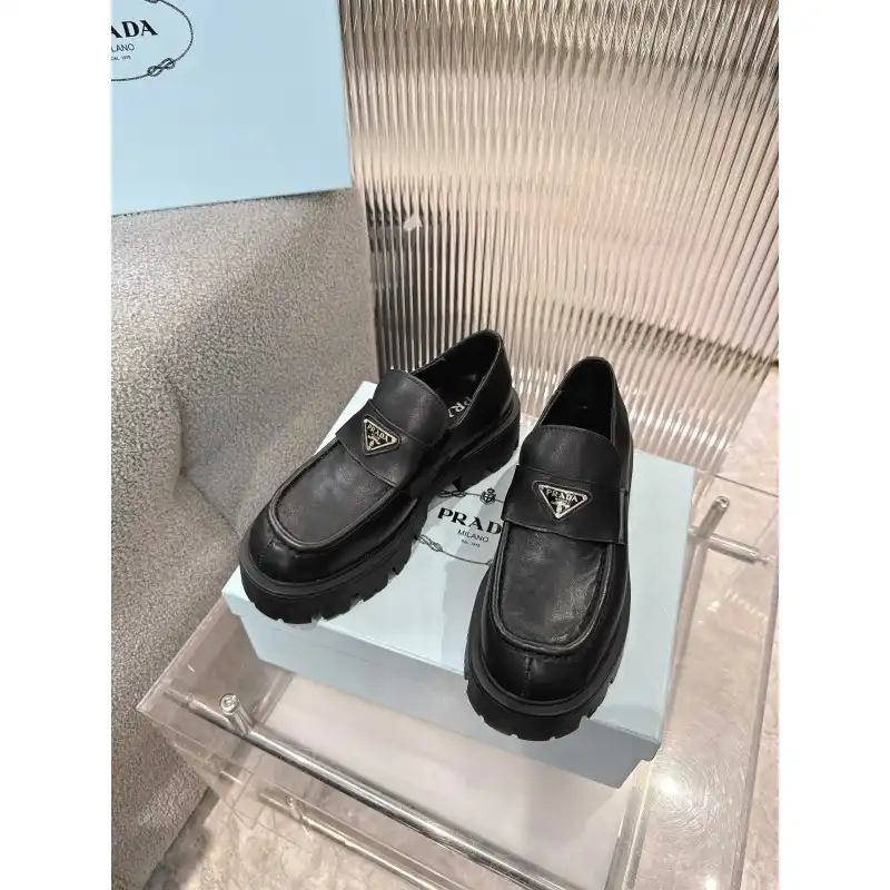 Prada Style Black Leather Loafers With Chunky Platform Sole #A54580