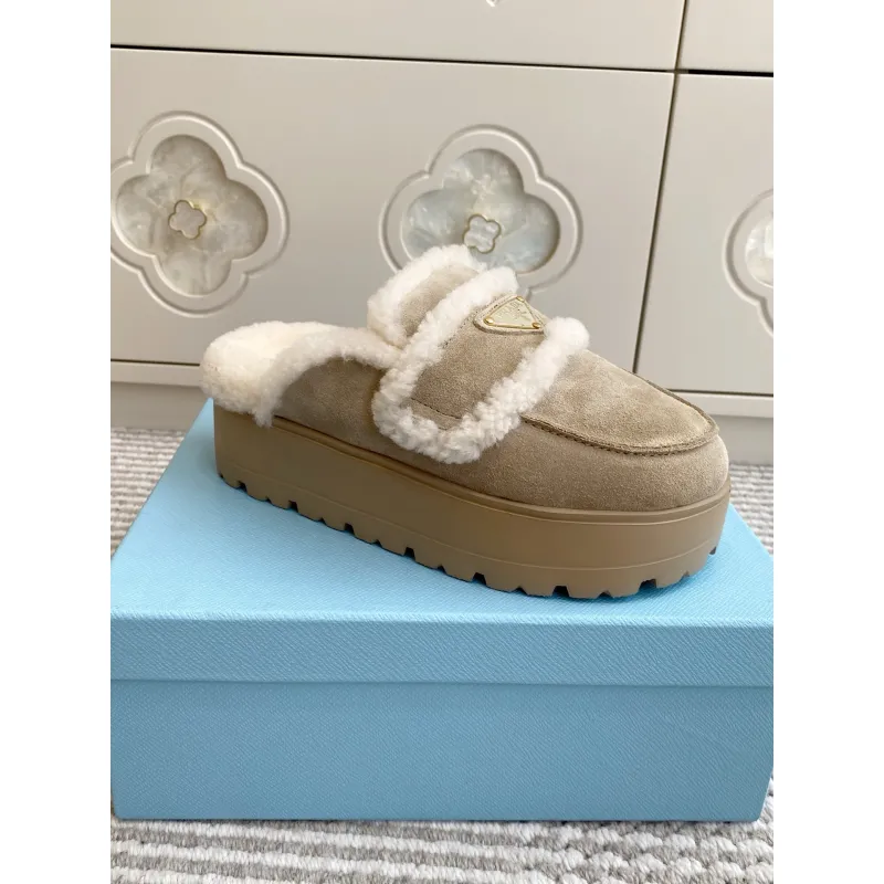 Prada Womens Shearling Lined Mule Slippers Triangle Logo Thick Sole Design for Cozy Luxury Winter Footwear #A57767