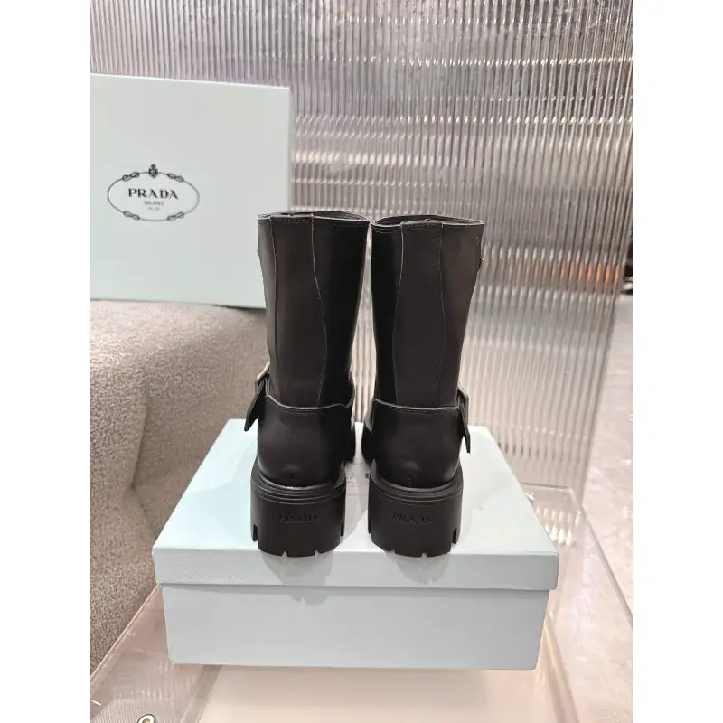 Prada Inspired Black Leather Biker Boots With Chunky Platform Sole #A54581