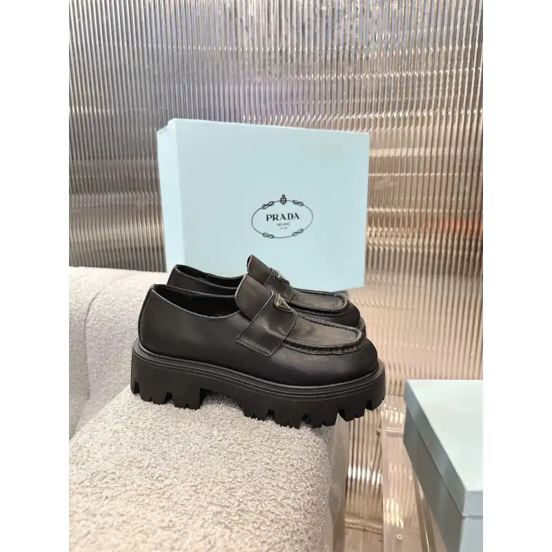 Prada Style Black Leather Loafers With Chunky Platform Sole #A54580