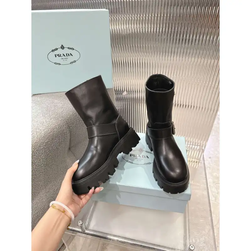 Prada Inspired Black Leather Biker Boots With Chunky Platform Sole #A54581
