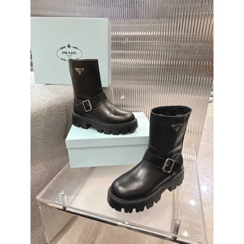 Prada Inspired Black Leather Biker Boots With Chunky Platform Sole #A54581