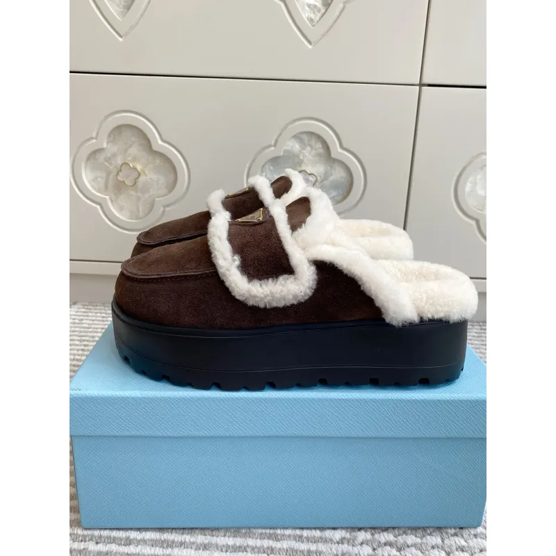 Prada Womens Shearling Lined Mule Slippers Triangle Logo Thick Sole Design for Cozy Luxury Winter Footwear #A57765