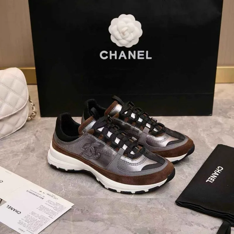 Chanel Metallic Silver Brown Sneakers #A54346