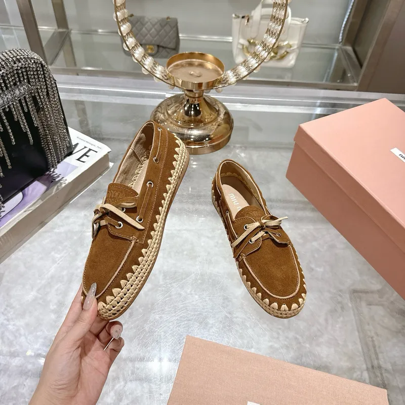 Miu Miu Bow Woven Suede & Leather Boat Shoes #A53179
