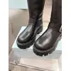 Prada Inspired Black Leather Biker Boots With Chunky Platform Sole #A54581