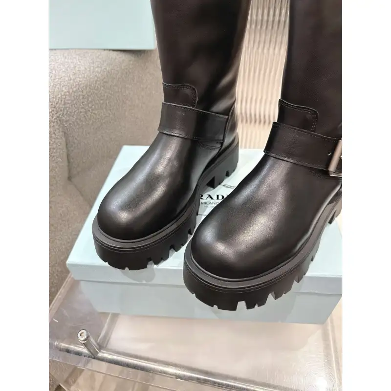 Prada Inspired Black Leather Biker Boots With Chunky Platform Sole #A54581