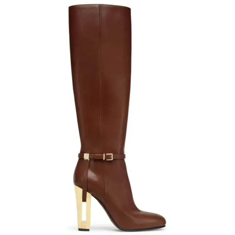 Fendi Womens Knee   High Boots  Iconic FF Monogram with Gold Heel Detail for Luxury Fashion Lovers #A56297