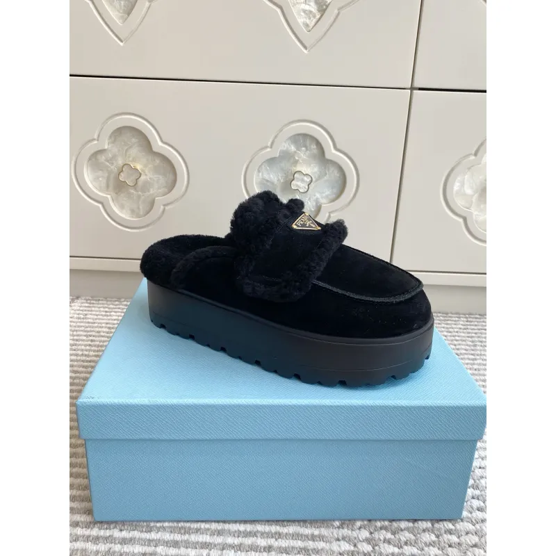 Prada Womens Shearling Lined Mule Slippers Triangle Logo Thick Sole Design for Cozy Luxury Winter Footwear #A57764