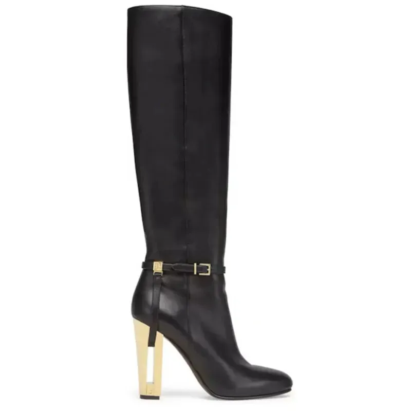 Fendi Womens Knee   High Boots  Iconic FF Monogram with Gold Heel Detail for Luxury Fashion Lovers #A56297