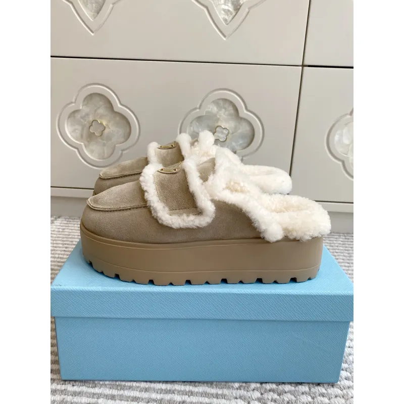 Prada Womens Shearling Lined Mule Slippers Triangle Logo Thick Sole Design for Cozy Luxury Winter Footwear #A57767