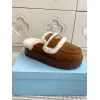 Prada Womens Shearling Lined Mule Slippers Triangle Logo Thick Sole Design for Cozy Luxury Winter Footwear #A57766