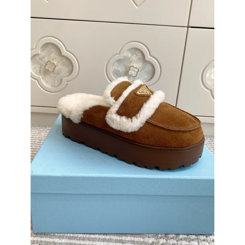 Prada Womens Shearling Lined Mule Slippers Triangle Logo Thick Sole Design for Cozy Luxury Winter Footwear #A57766