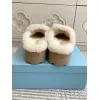 Prada Womens Shearling Lined Mule Slippers Triangle Logo Thick Sole Design for Cozy Luxury Winter Footwear #A57767
