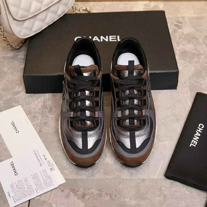Chanel Metallic Silver Brown Sneakers #A54346