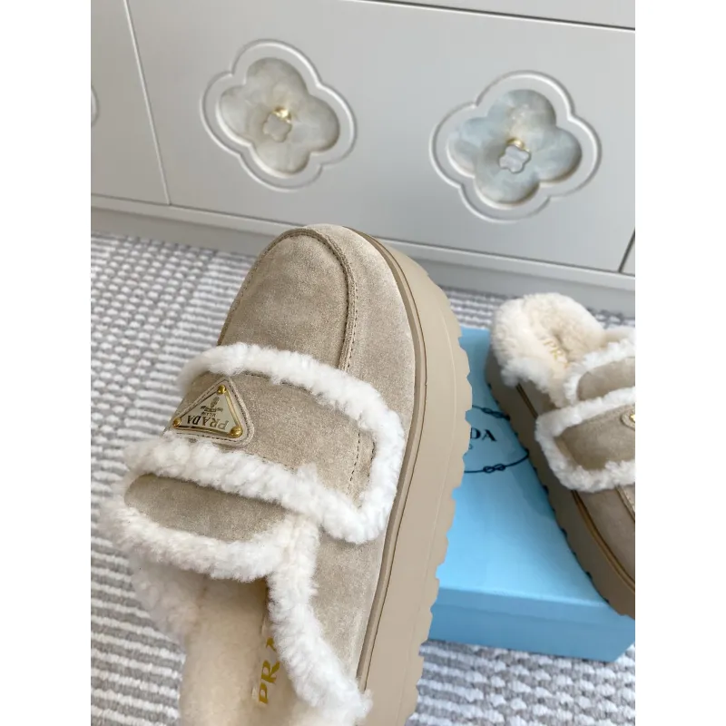Prada Womens Shearling Lined Mule Slippers Triangle Logo Thick Sole Design for Cozy Luxury Winter Footwear #A57767