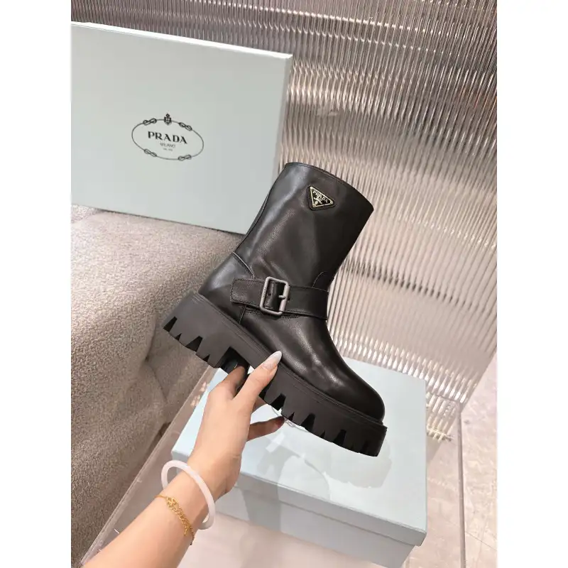 Prada Inspired Black Leather Biker Boots With Chunky Platform Sole #A54581