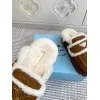 Prada Womens Shearling Lined Mule Slippers Triangle Logo Thick Sole Design for Cozy Luxury Winter Footwear #A57766
