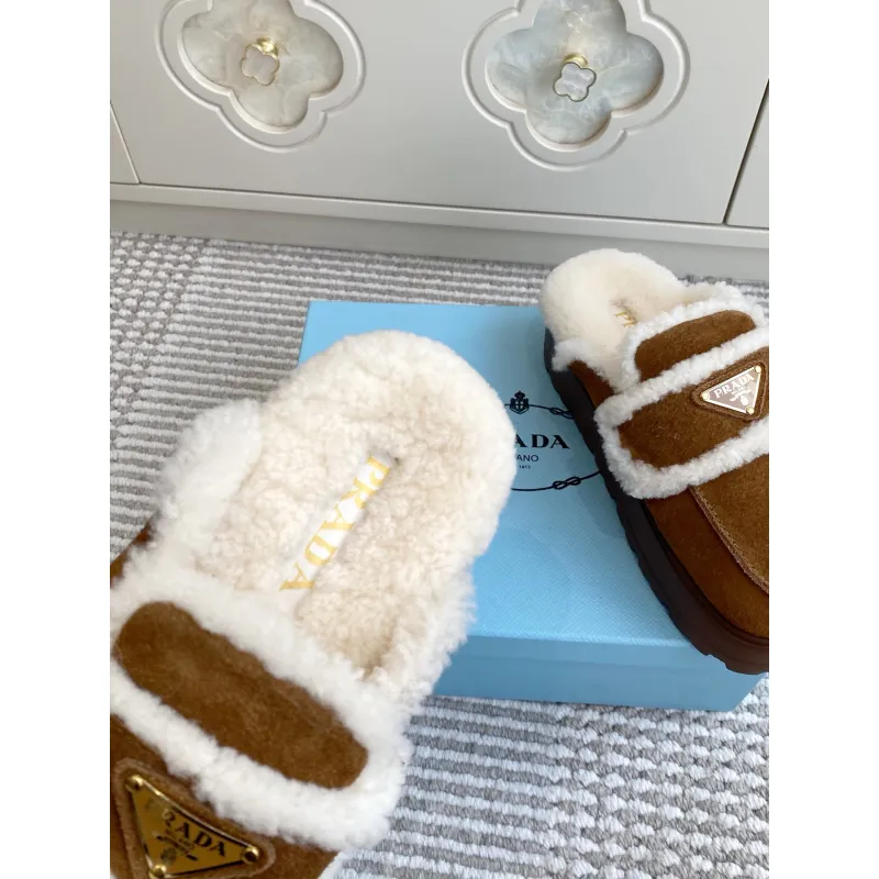 Prada Womens Shearling Lined Mule Slippers Triangle Logo Thick Sole Design for Cozy Luxury Winter Footwear #A57766