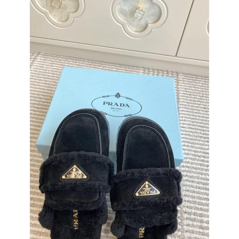 Prada Womens Shearling Lined Mule Slippers Triangle Logo Thick Sole Design for Cozy Luxury Winter Footwear #A57764