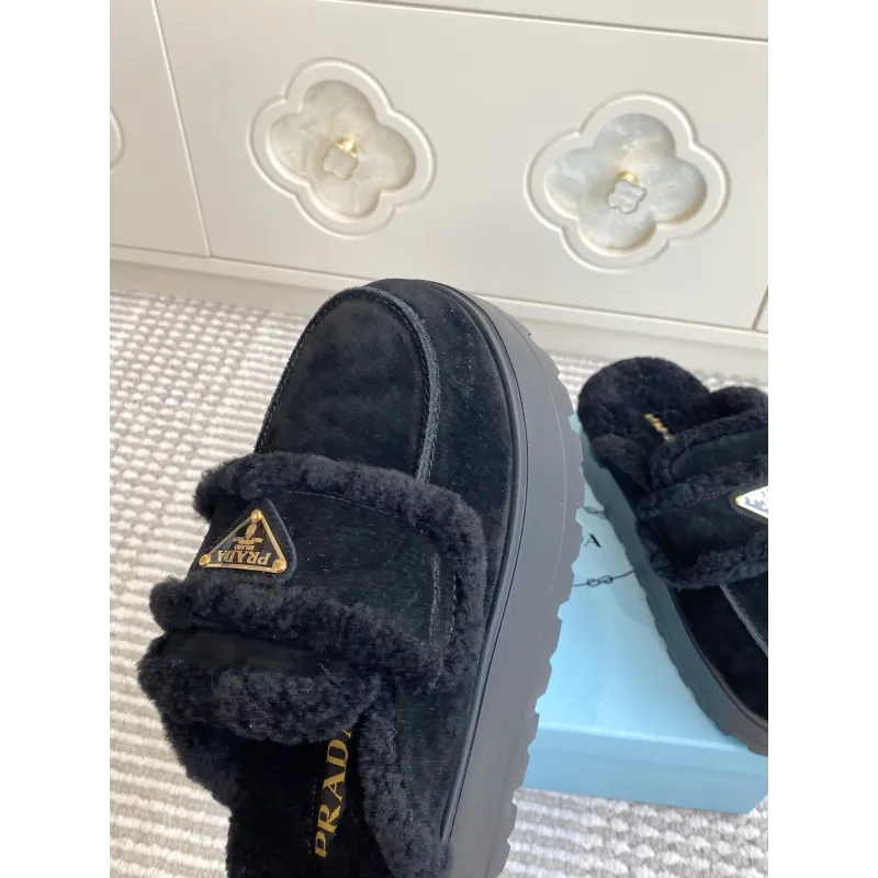 Prada Womens Shearling Lined Mule Slippers Triangle Logo Thick Sole Design for Cozy Luxury Winter Footwear #A57764