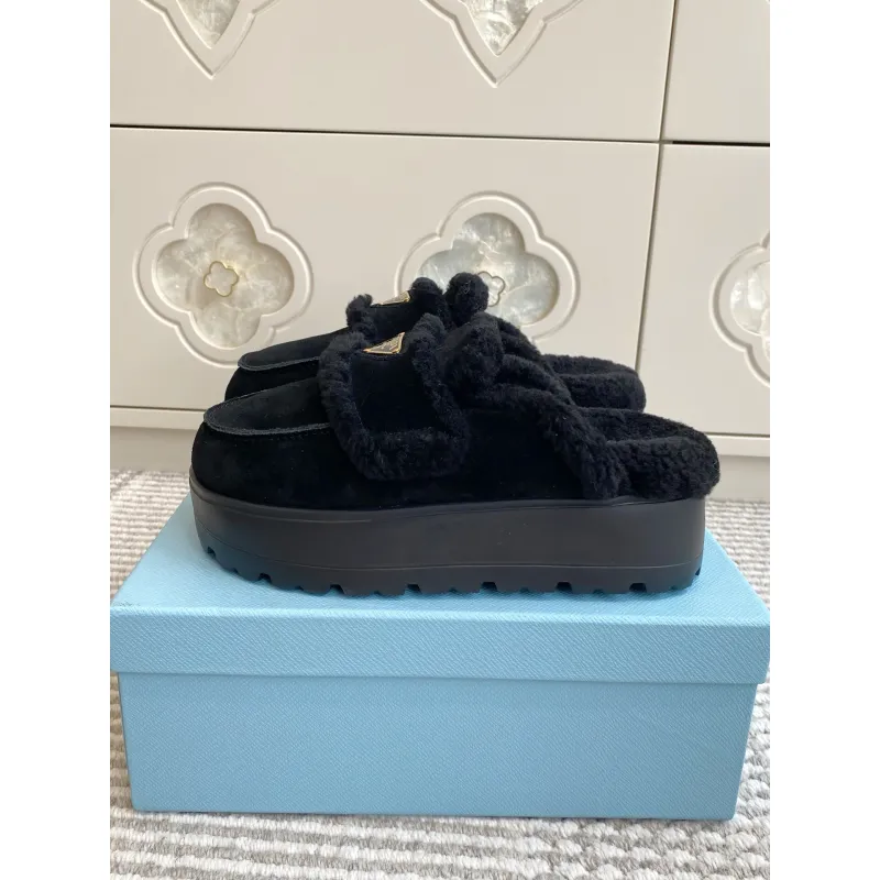 Prada Womens Shearling Lined Mule Slippers Triangle Logo Thick Sole Design for Cozy Luxury Winter Footwear #A57764
