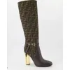 Fendi Womens Knee   High Boots  Iconic FF Monogram with Gold Heel Detail for Luxury Fashion Lovers #A56297