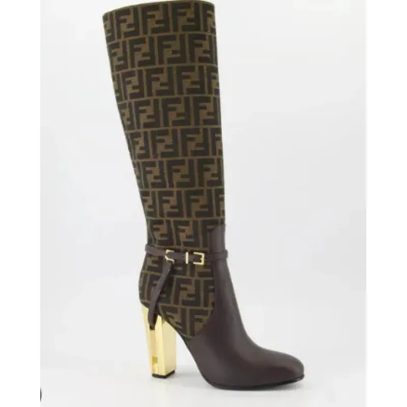 Fendi Womens Knee   High Boots  Iconic FF Monogram with Gold Heel Detail for Luxury Fashion Lovers #A56297