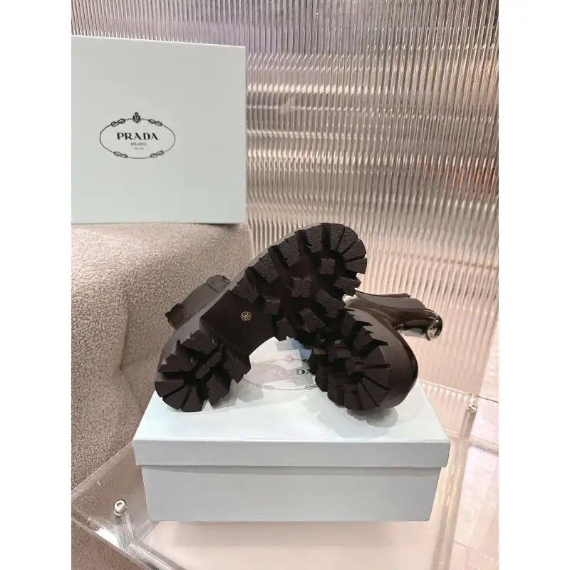 Prada Inspired Black Leather Biker Boots With Chunky Platform Sole #A54581