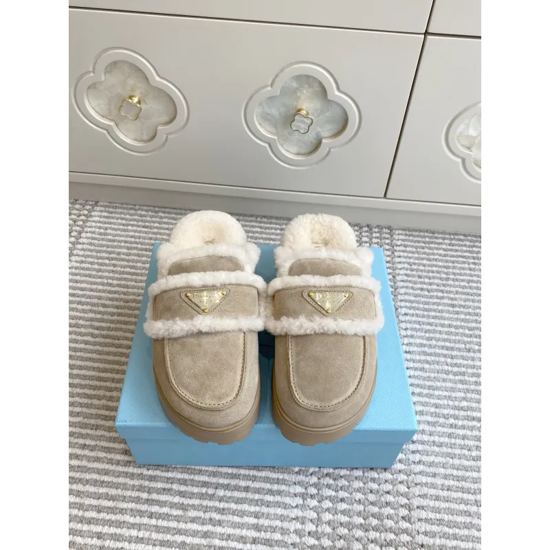 Prada Womens Shearling Lined Mule Slippers Triangle Logo Thick Sole Design for Cozy Luxury Winter Footwear #A57767