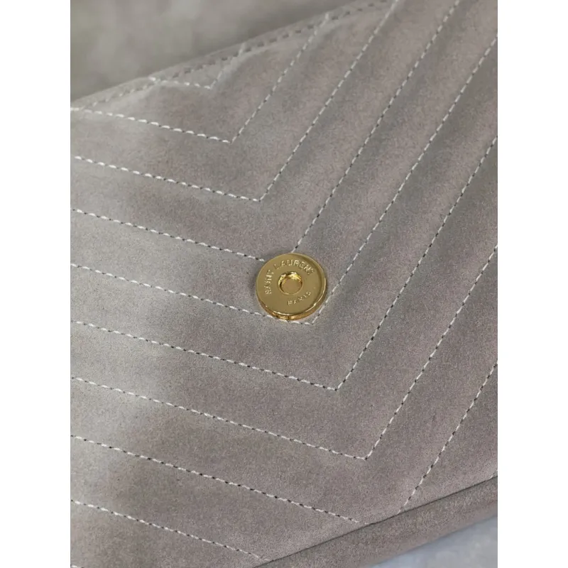 SAINT LAURENT Loulou Fringe Medium Shoulder Bag – Dusty Beige Suede with Chevron Quilt & Gold YSL Logo (Convertible Chain Strap) #A58779