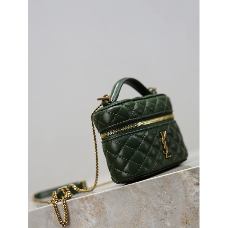 Saint Laurent 819285 GABY Mini Chain Cosmetic Bag - Dark Green Quilted Leather with Detachable Strap #A59505