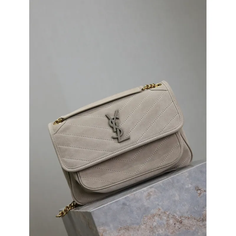 SAINT LAURENT Loulou Medium Shoulder Bag – Light Beige Suede with Chevron Quilt & Tone-On-Tone YSL Logo (Convertible Chain Strap) #A58775