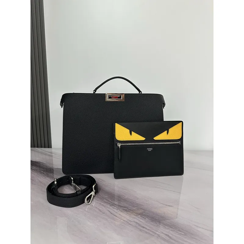 Fendi Leather Briefcase And Monster - Eye Pouch Set In Black With Yellow Accents  #A51530
