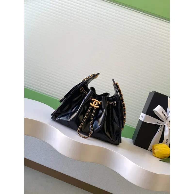 Chanel Hobo Shoulder Bag  Hippie Style Vintage Gold Coin Button Drawstring Bucket Bag #A59440