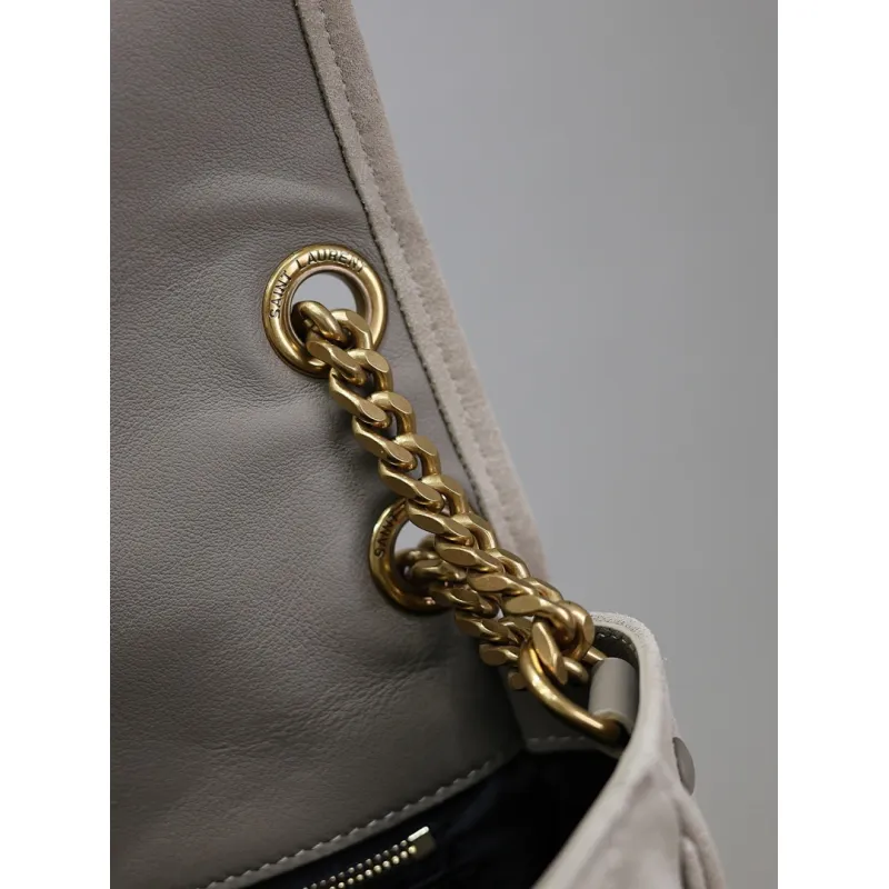 SAINT LAURENT Loulou Medium Shoulder Bag – Light Beige Suede with Chevron Quilt & Tone-On-Tone YSL Logo (Convertible Chain Strap) #A58775