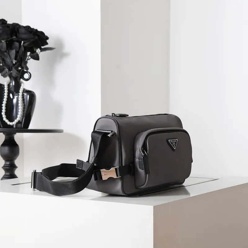 Prada Mens Dark Gray Re-Nylon Crossbody Messenger Bag with Detachable Pouch – Iconic Triangle Logo Adjustable Strap #A58757