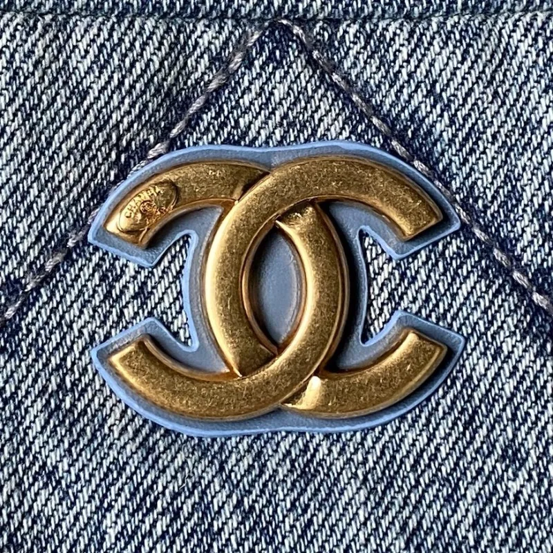 Chanel Womens Denim Tote Bag - Quilted Design, Light Blue Denim Fabric, Gold-Tone CC Logo & Chain Strap with Lock Detail, Spacious Luxury Handbag with Functional Pockets #A56747