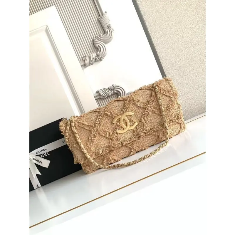 Chanel Womens Evening Bag - Beige Textured Fabric with Fringe Details, Gold-Tone CC Logo & Chain Strap, Luxury Clutch for Elegant Occasions #A56743