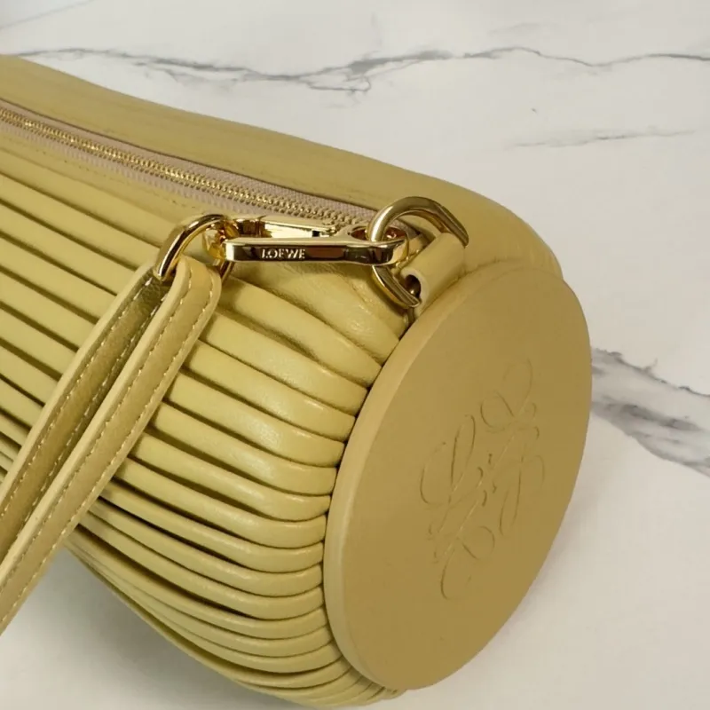 Loewe Womens Cylinder Shoulder Bag - Yellow Pleated Leather, Gold-Tone Hardware, Adjustable Strap, Stylish Barrel Bag with Anagram Logo #A56849