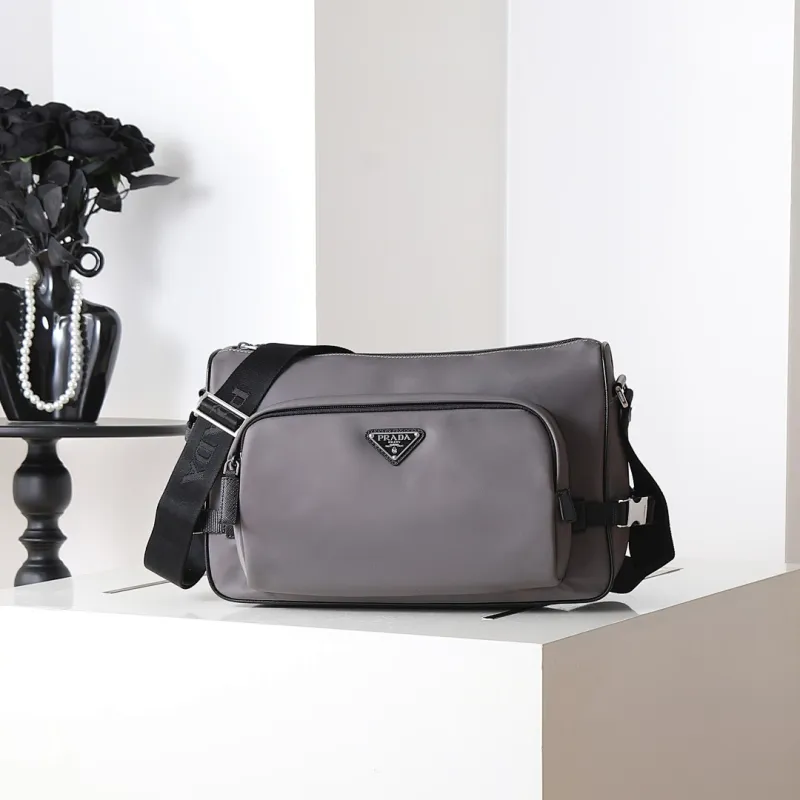 Prada Mens Dark Gray Re-Nylon Crossbody Messenger Bag with Detachable Pouch – Iconic Triangle Logo Adjustable Strap #A58757