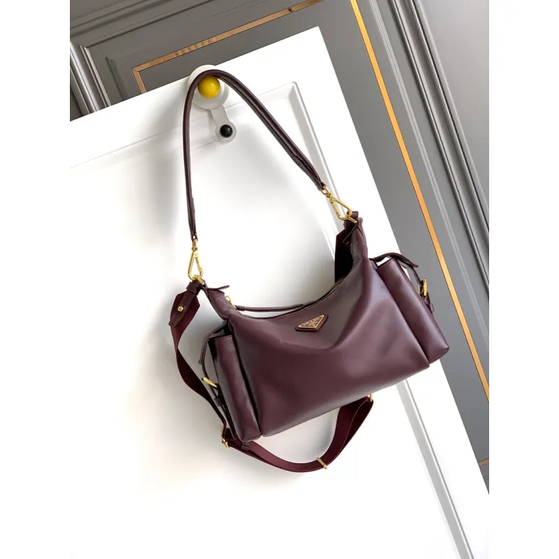 Prada Galleria Soft Shoulder Bag (2 Colors) – Burgundy/Black Leather with Gold-Tone Triangle Logo & Convertible Strap #A59180